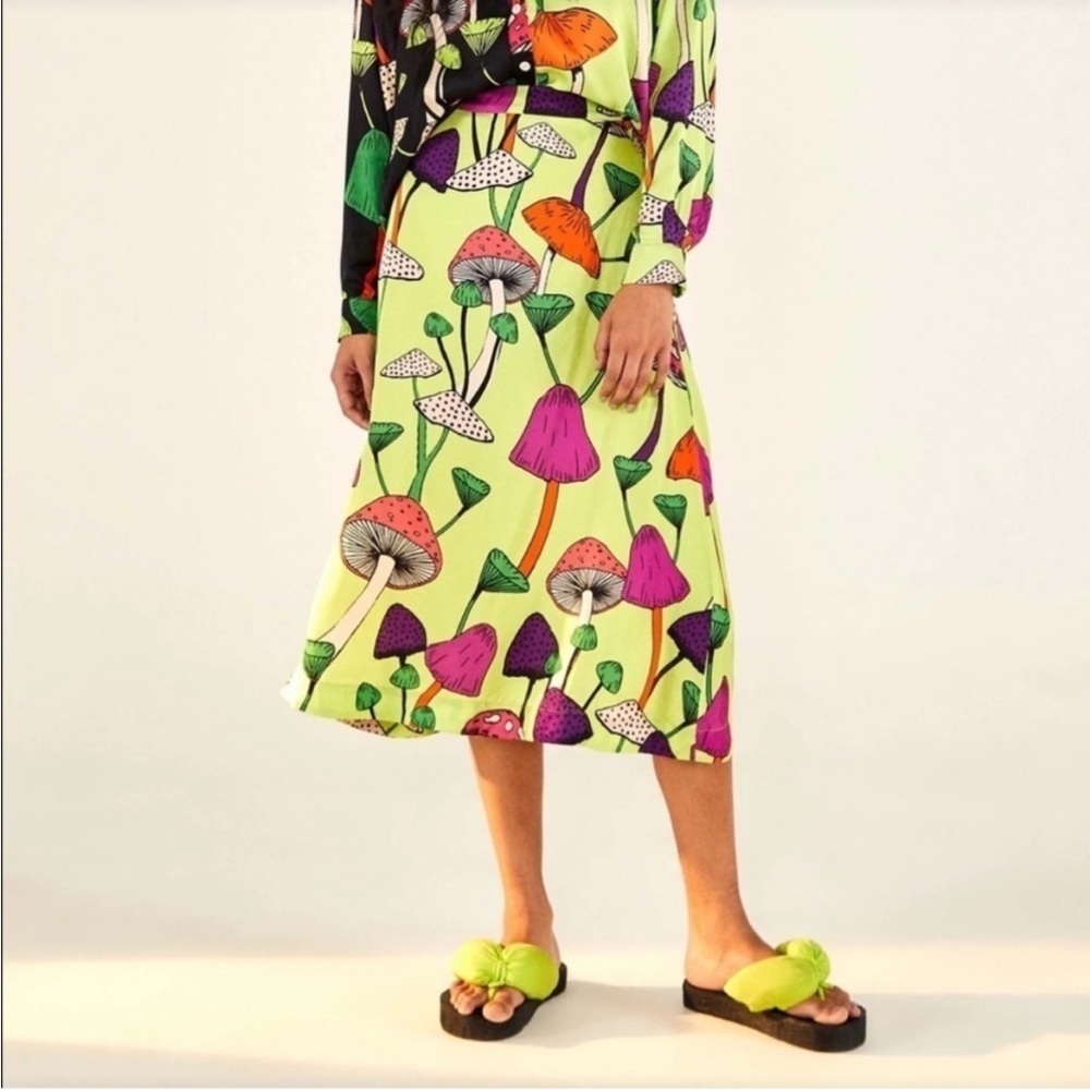 FARM Rio Lime Green Mushroom-Print Midi Skirt with Pink & Orange Accents